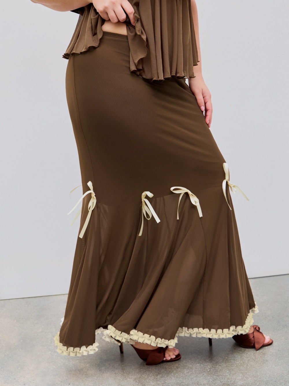 Cider chocolate Brown stretch ruffle trim retro look maxi skirt with bows 1XL - Picture 1 of 7